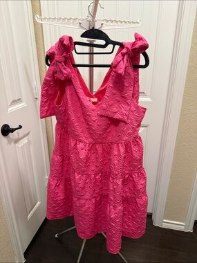 Ces Femme Bright Pink Textured Mini Dress with Tie Shoulders